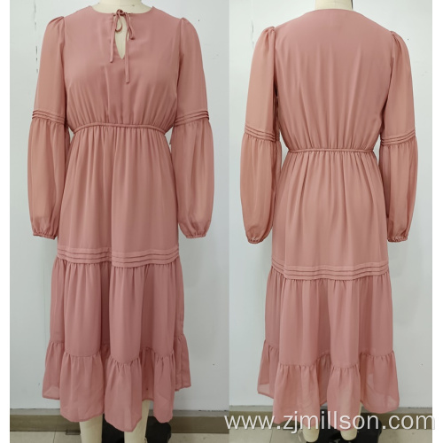 Round Neck Tie Long Sleeved Tiered Dress